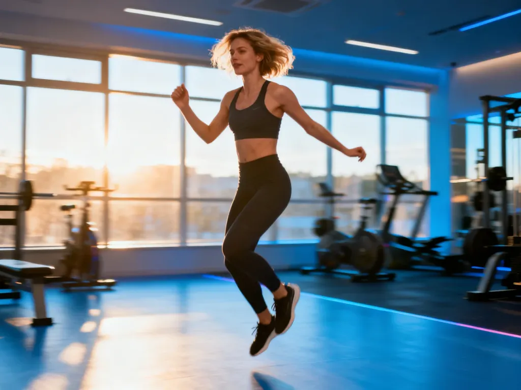 Wysportowana kobieta wykonuje pajacyki w nowoczesnym studiu fitness, prezentując dynamiczne ćwiczenie cardio.
