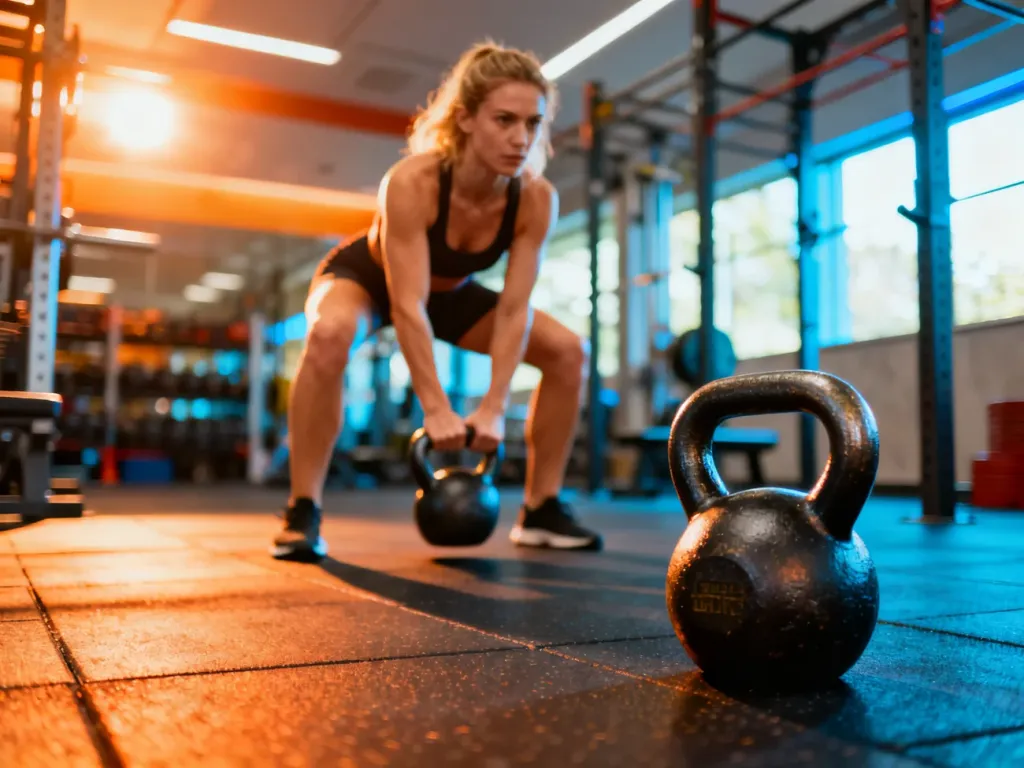 Wysportowana kobieta wykonuje intensywny trening z odważnikami kettlebell w nowoczesnej siłowni.