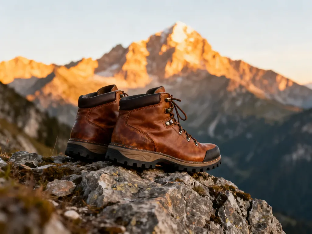 Wysokiej jakości buty trekkingowe na górskiej skale w blasku zachodzącego słońca, gotowe na wyprawę w trudny teren.