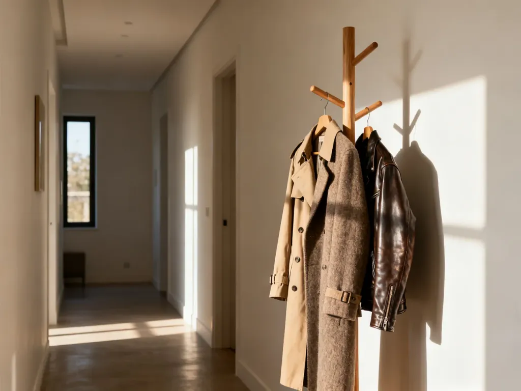 Minimalistyczny wieszak z różnymi rodzajami odzieży wierzchniej, takimi jak trencz, płaszcz wełniany i kurtka skórzana.