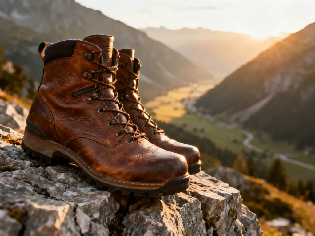 Wysokiej jakości skórzane buty trekkingowe na granitowej skale w górskiej scenerii podczas złotej godziny.