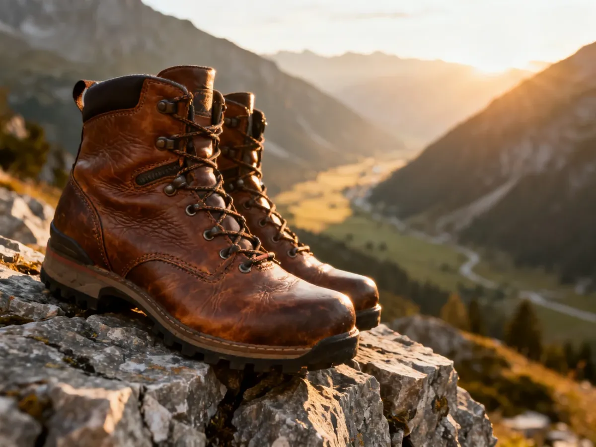 Wysokiej jakości skórzane buty trekkingowe na granitowej skale w górskiej scenerii podczas złotej godziny.