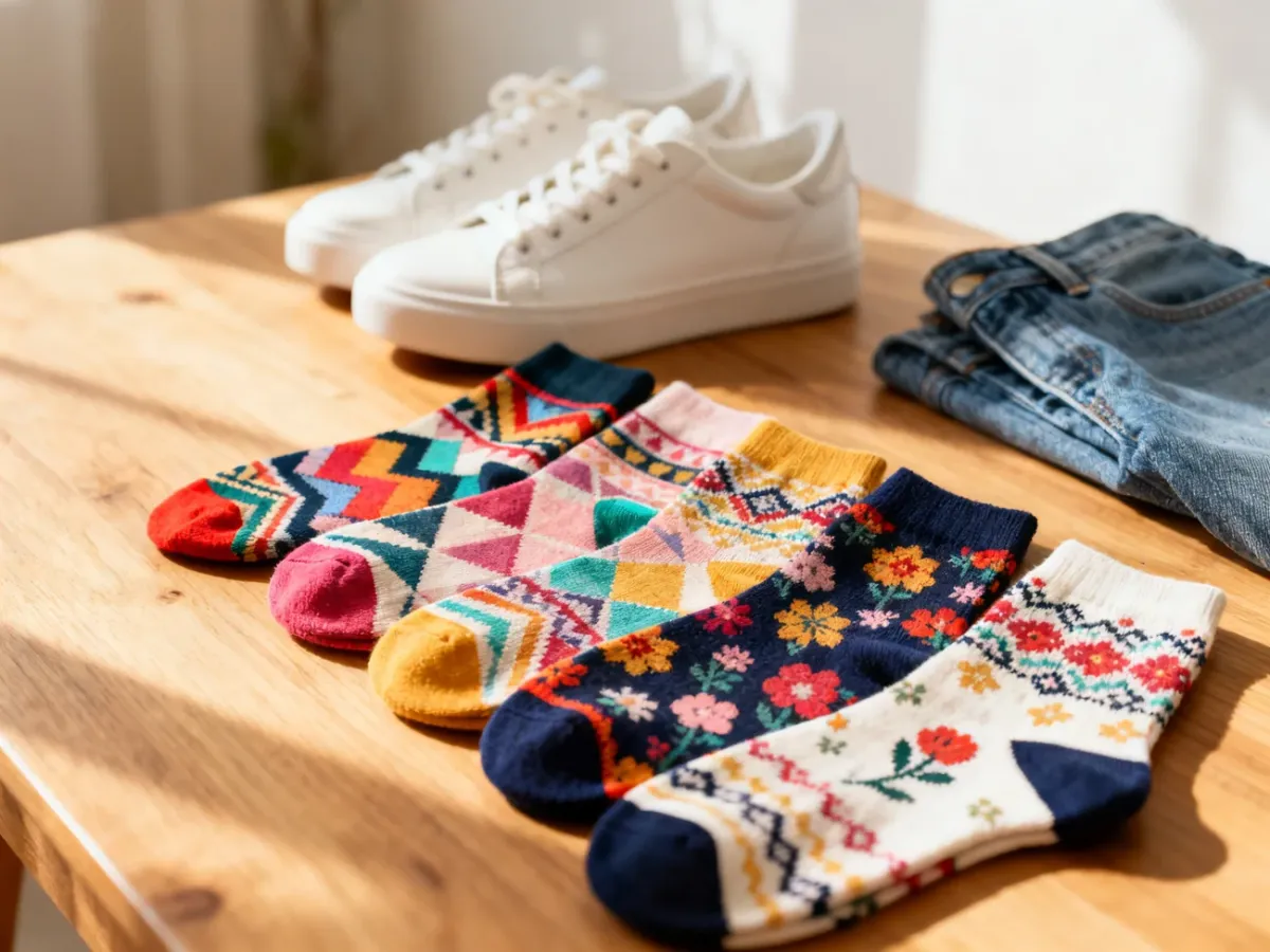 Kolorowe, wzorzyste skarpetki damskie ułożone na drewnianym tle obok jeansów i białych sneakersów.