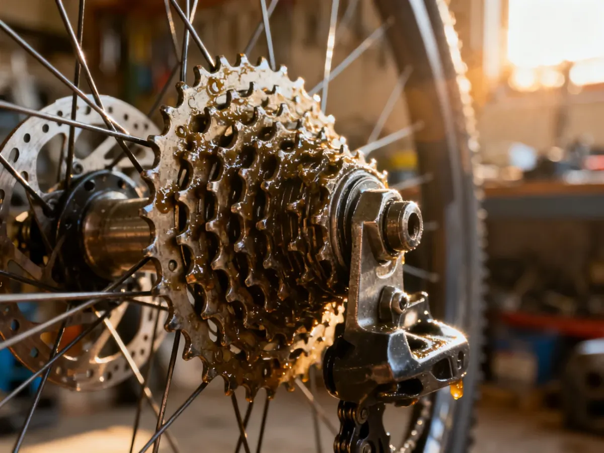 Zbliżenie na mechanizm wolnobiegu rowerowego z widocznymi metalowymi zębatkami i elementami napędu w warsztacie.
