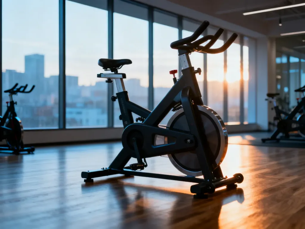 Profesjonalny rower spinningowy w nowoczesnym studio fitness z widokiem na miasto w świetle poranka.