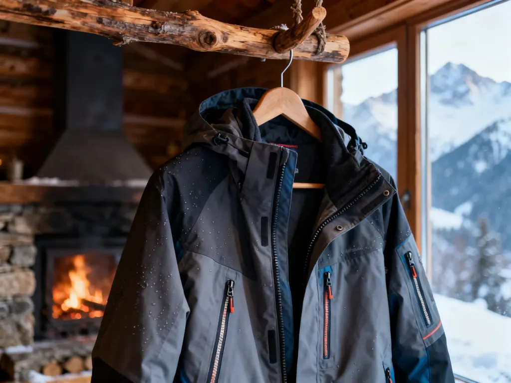 Wodoodporna kurtka outdoorowa zawieszona w górskiej chacie na tle zaśnieżonego krajobrazu.