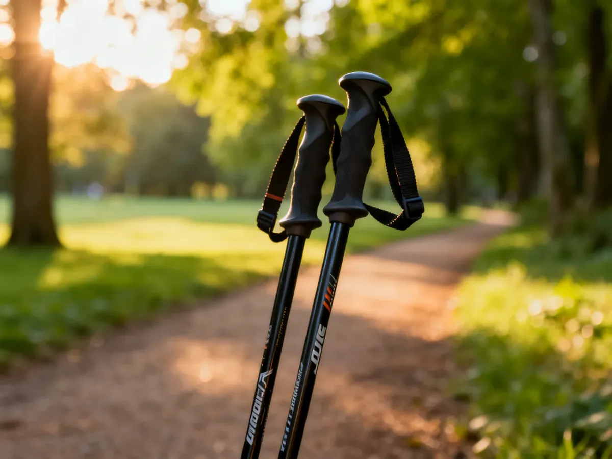 Profesjonalne kijki do nordic walking z włókna węglowego spoczywające na leśnej ścieżce w promieniach porannego słońca.
