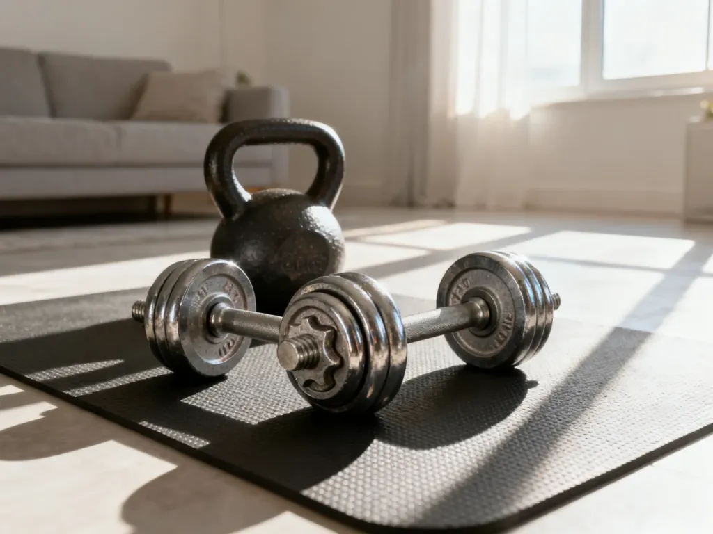 Żeliwne hantle i kettlebell leżące na macie w jasnym, minimalistycznym salonie przygotowanym do domowego treningu.