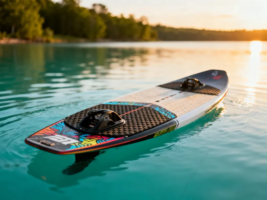 Profesjonalna deska wakeboardowa spoczywająca na tafli jeziora w blasku zachodzącego słońca.