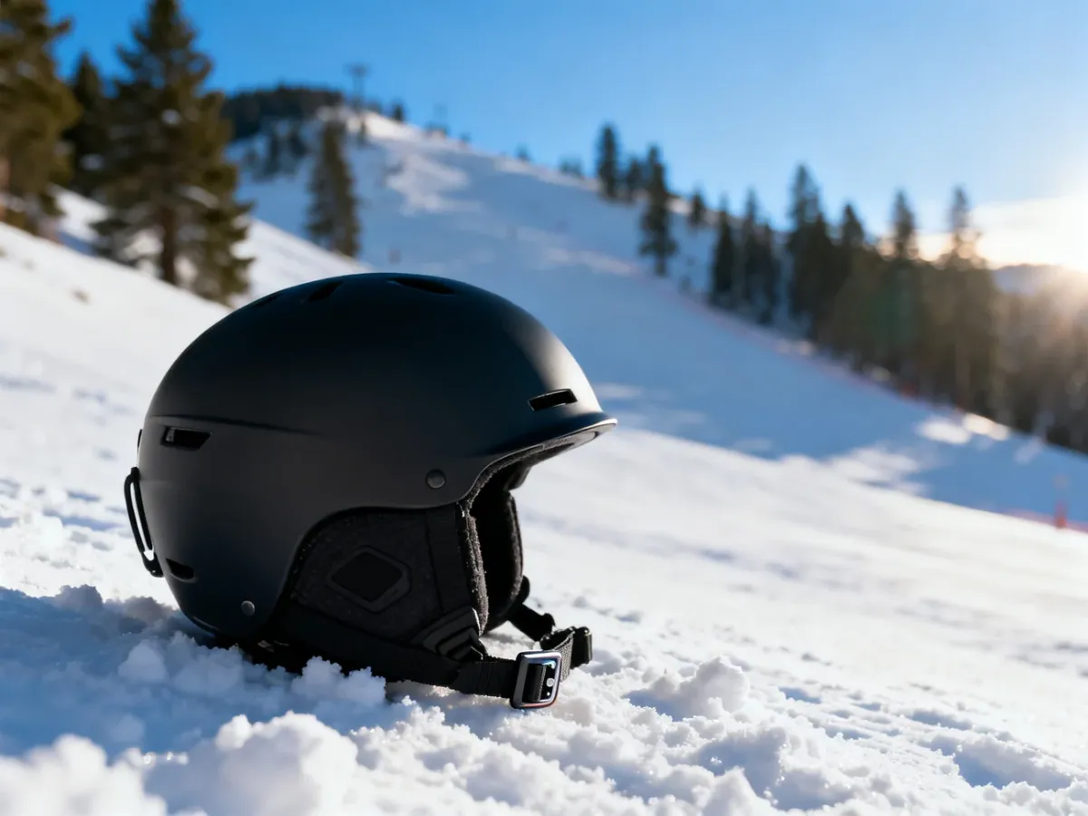 Profesjonalny czarny kask snowboardowy leżący na świeżym śniegu w górskim kurorcie.