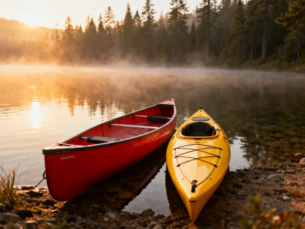 Czerwone canoe i żółty kajak na brzegu jeziora o wschodzie słońca, ilustrujące różnice między tymi jednostkami pływającymi.