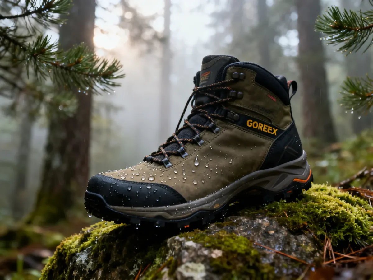 Wysokiej jakości buty trekkingowe z membraną GORE-TEX na mszystej skale, prezentujące właściwości wodoodporne w leśnym otoczeniu.