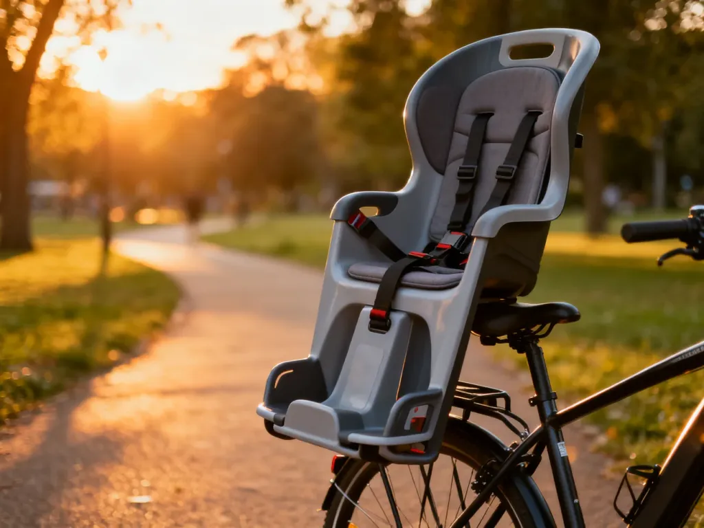 Nowoczesny fotelik rowerowy z pasami bezpieczeństwa zamontowany na tylnym bagażniku roweru w słonecznym parku.